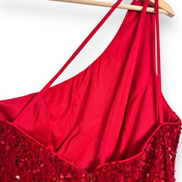 Faeriesty Red Sequin Velour Floor Length Mermaid One Shoulder Gown Women's M/L - Picture 7 of 13